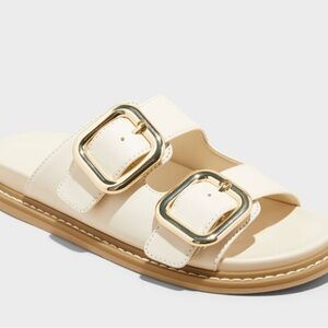 Cream Universal Thread Double Buckle Sandals with Gold Buckles